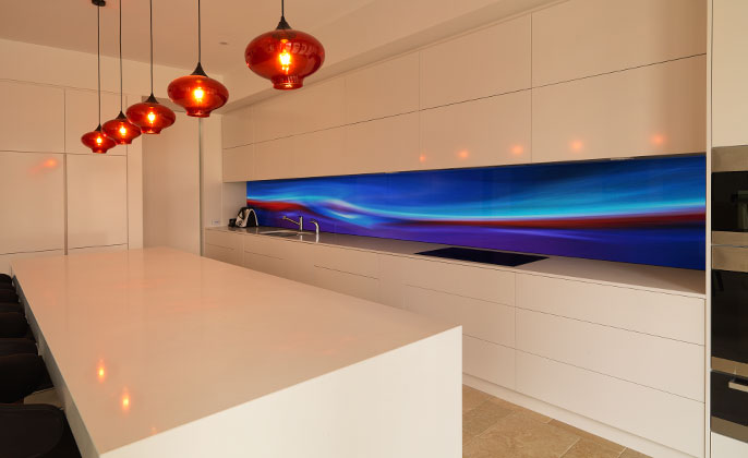 VR Art Glass printed glass splashback kitchen featuring FIRE & ICE by Michael Collins for Visual Resource 4