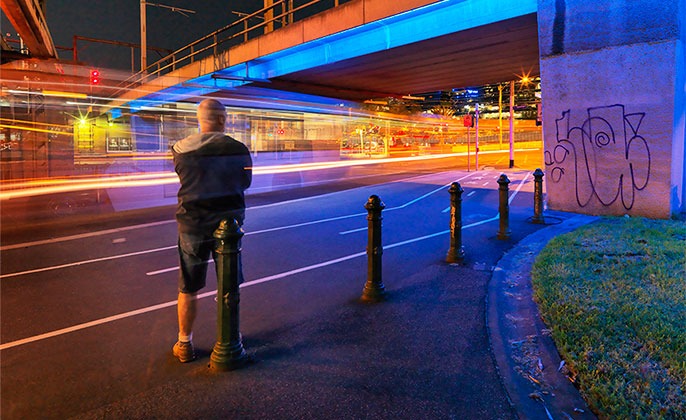 Photographer Michael Collins Self Portrait Creating Melbourne Skyline Night Shots